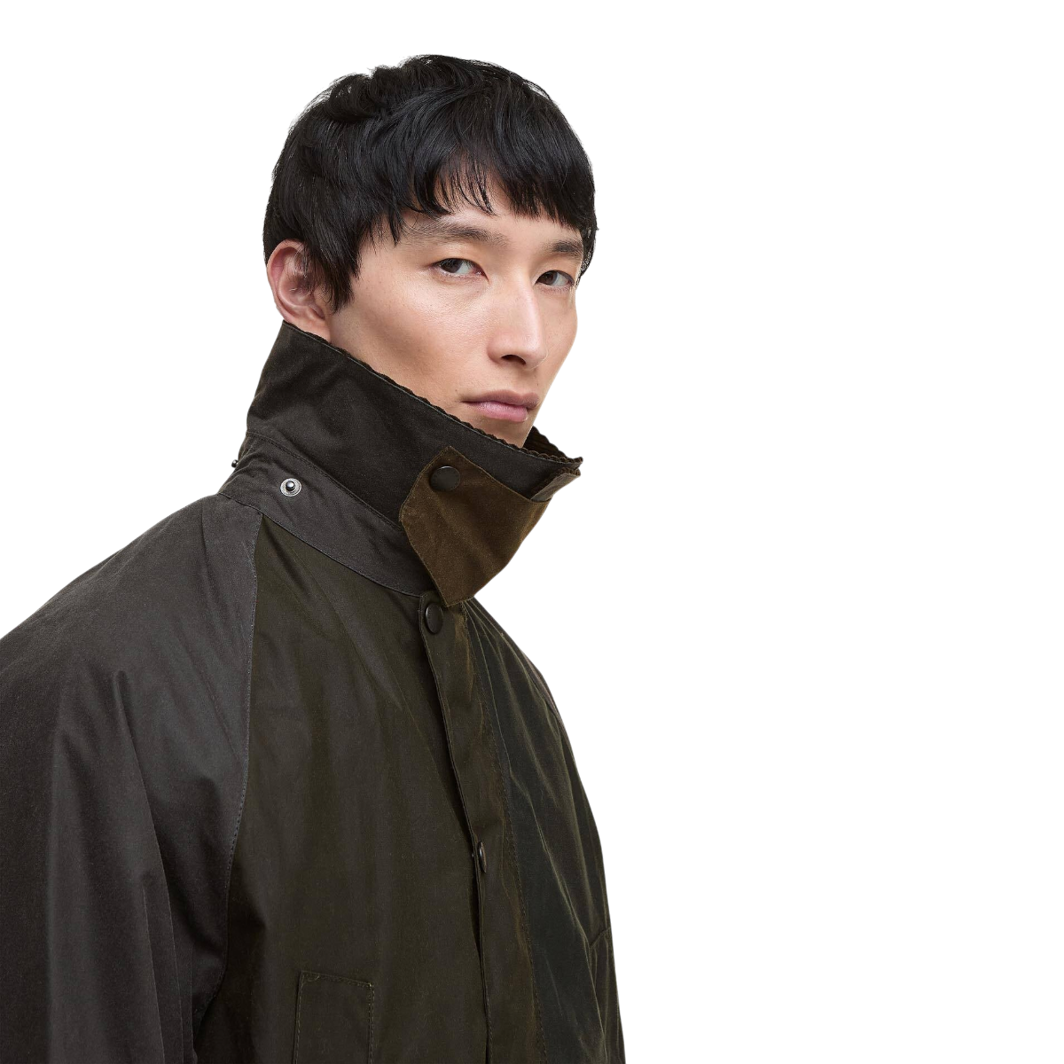 MILWORKS Barbour Patchwork Oversized Bedale waxed jacket in olive tones with a corduroy collar on a male model