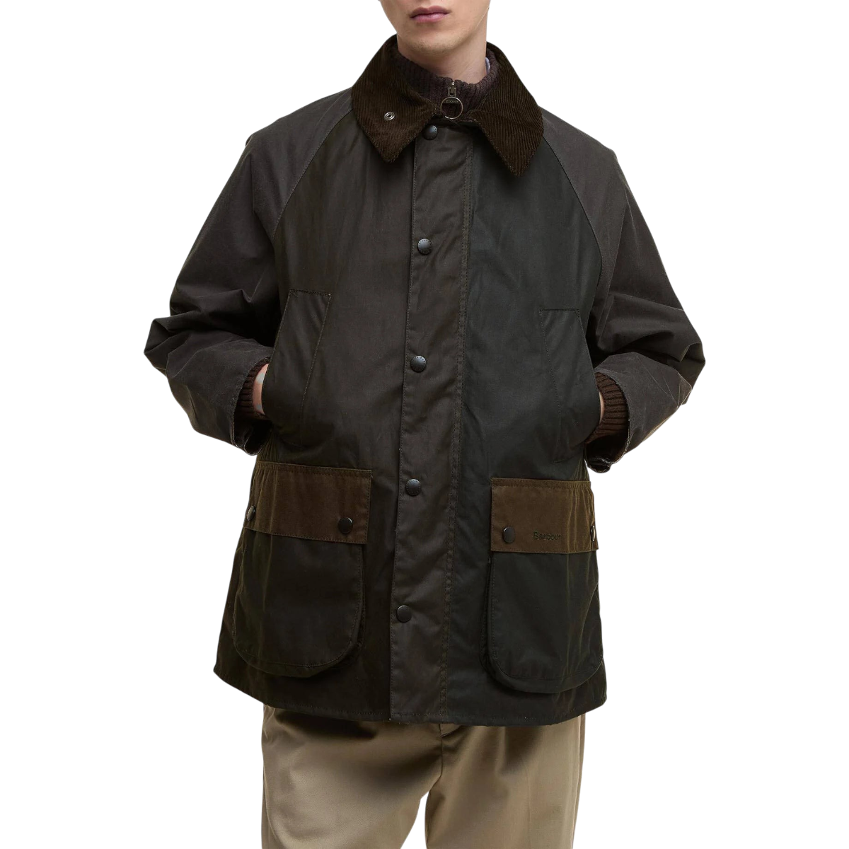 MILWORKS Barbour Patchwork Oversized Bedale waxed cotton jacket in dark green with a brown corduroy collar.