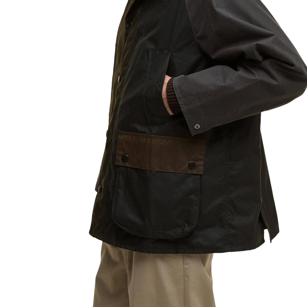 MILWORKS Barbour Patchwork Oversized Bedale waxed cotton jacket in tonal dark green with front pocket detail