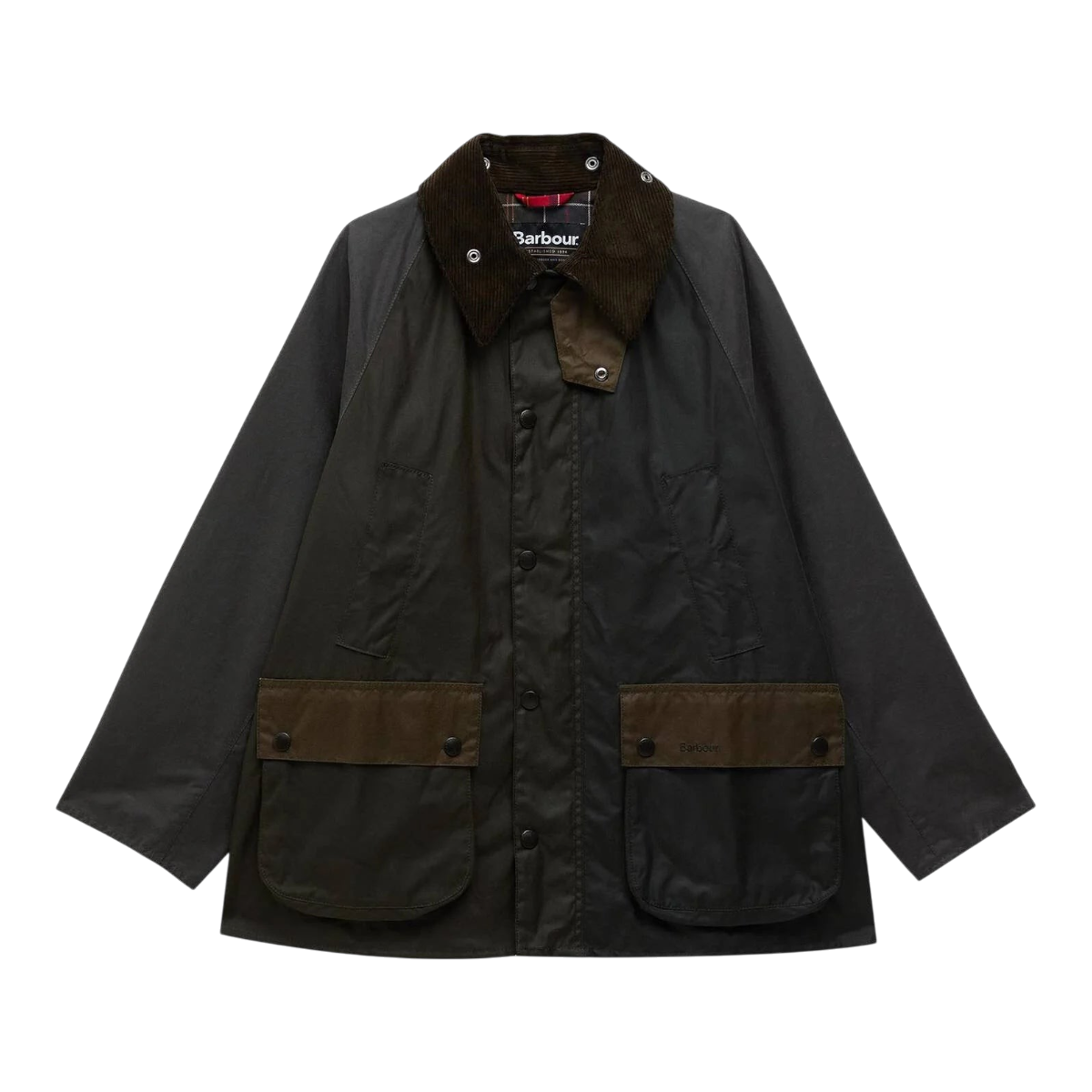 MILWORKS Barbour Patchwork Oversized Bedale waxed cotton jacket in dark green with a brown corduroy collar.