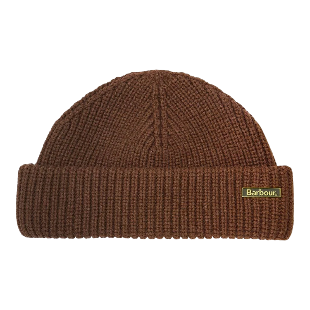 MILWORKS Barbour Mosely fisherman beanie in soil brown cotton-wool blend with a removable logo pin badge