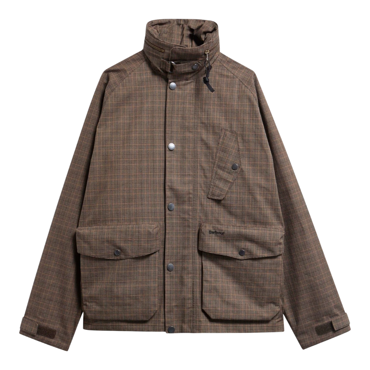 MILWORKS Barbour Transport Ursula waterproof jacket in dark stone check with stand collar and bellow pockets