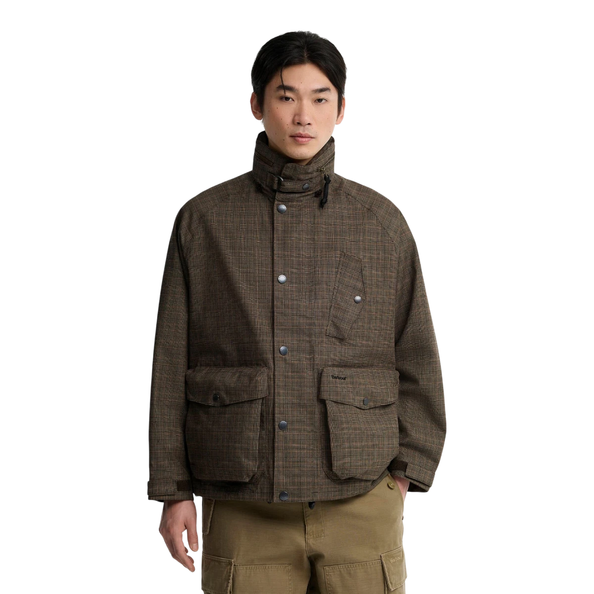 MILWORKS Barbour Transport Ursula waterproof jacket in dark stone check with stand collar and bellow pockets.