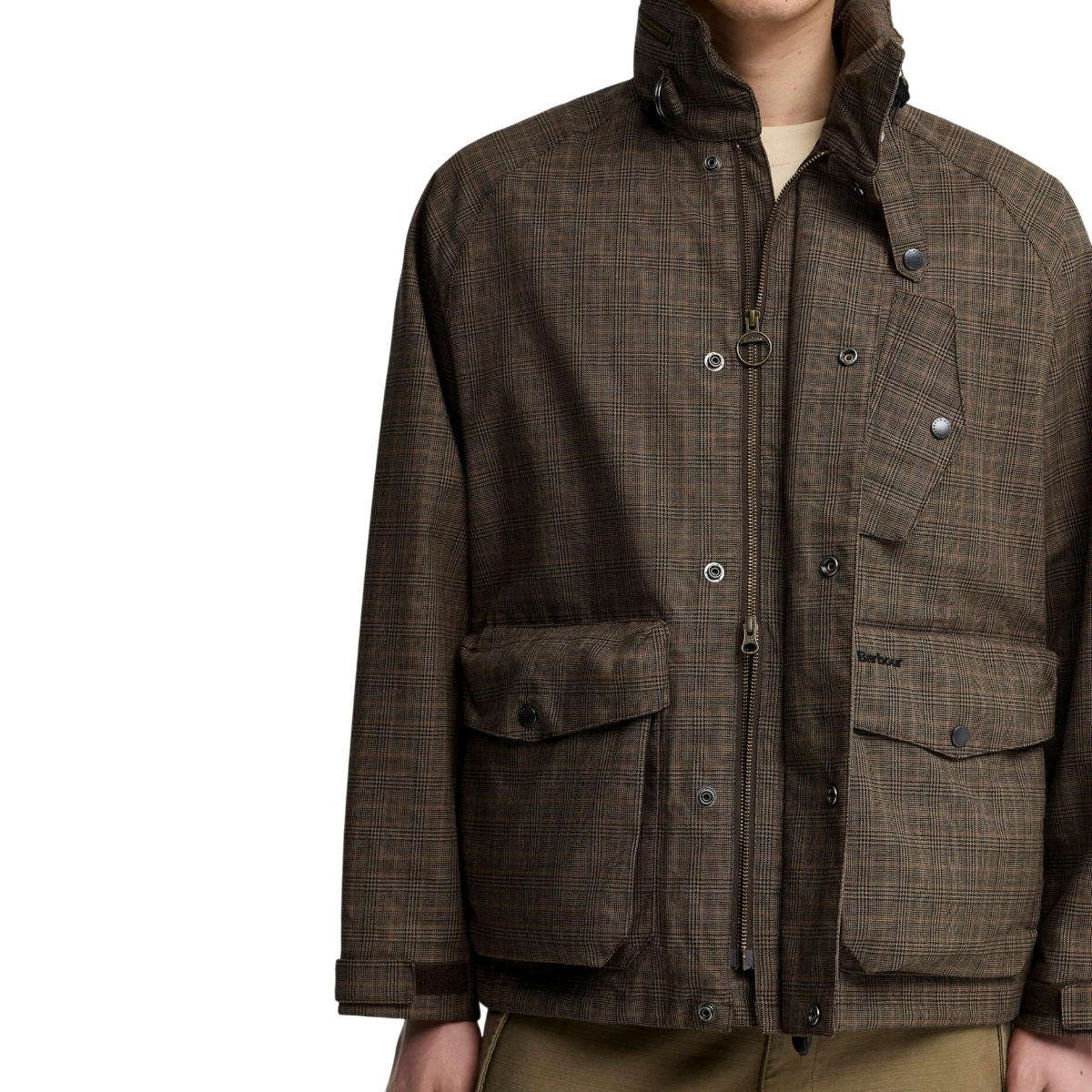 MILWORKS Barbour Transport Ursula waterproof jacket in dark stone check with stand collar and bellow pockets