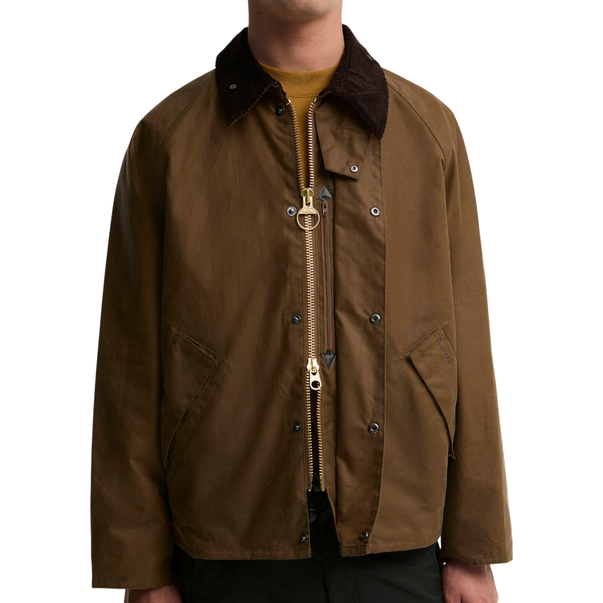 MILWORKS Barbour Transport waxed cotton jacket in sand with a brown corduroy collar and gold-tone zip front.
