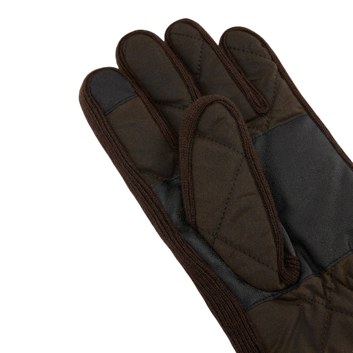 MILWORKS Barbour Westerdale olive quilted gloves with diamond stitching, PU palm grip, and touchscreen fingertips.