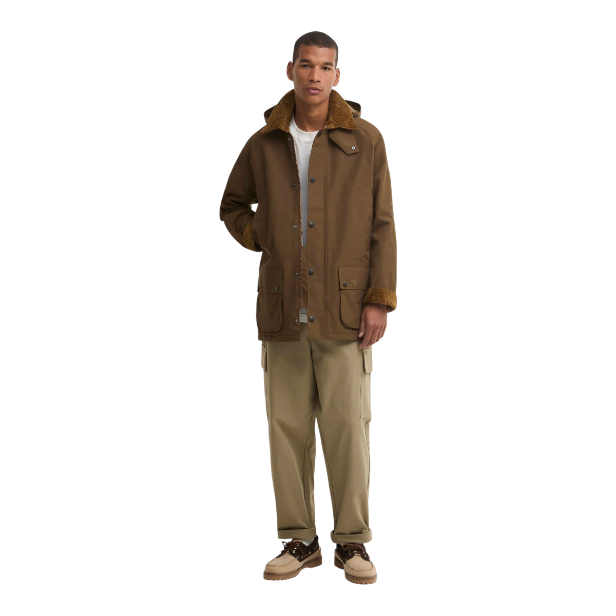 MILWORKS Barbour Winter Ashby waterproof jacket in dark sand with quilted lining, detachable hood, and bellows pockets.