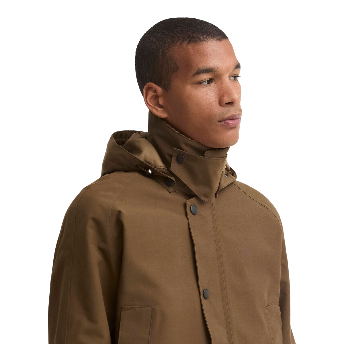 MILWORKS Barbour Winter Ashby waterproof jacket in dark sand with a high collar and detachable hood on a male model