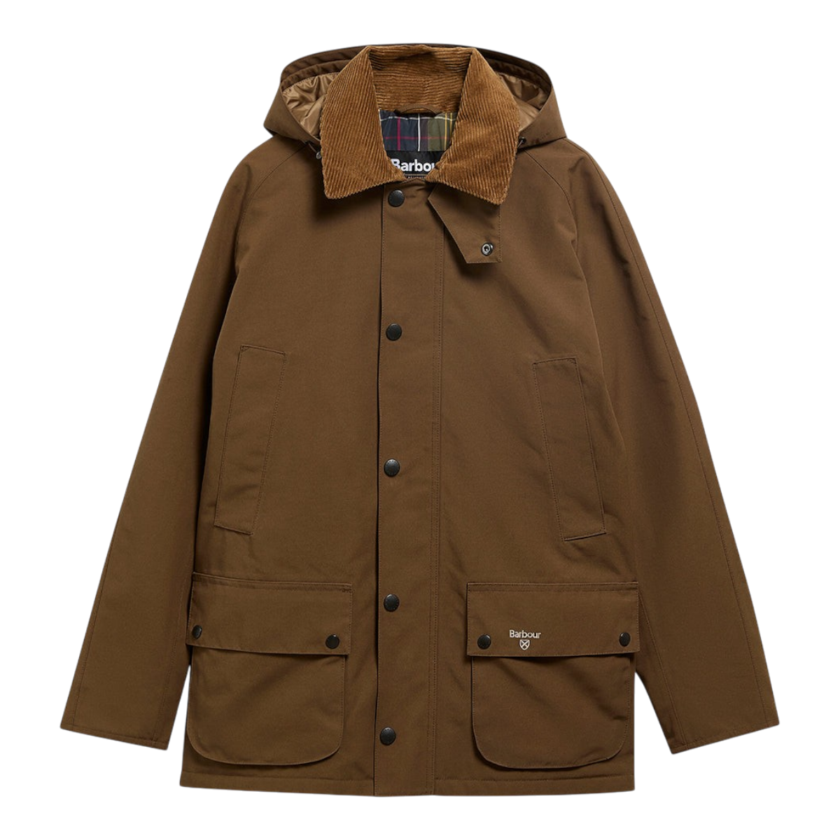 MILWORKS Barbour Winter Ashby waterproof jacket in dark sand with a corduroy collar, detachable hood, and bellows pockets