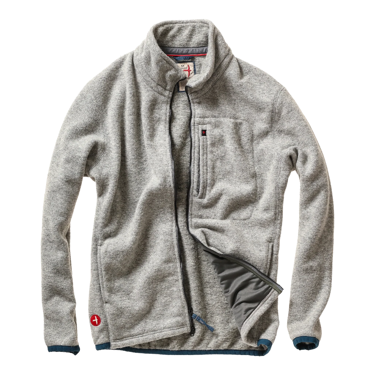 Milworks Basecamp track jacket in light grey heather wool-blend terry with a mock collar and two-way front zipper.