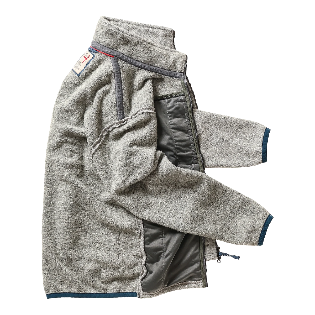 Milworks Basecamp track jacket in light grey heather wool terry with a mock collar and two-way front zipper.
