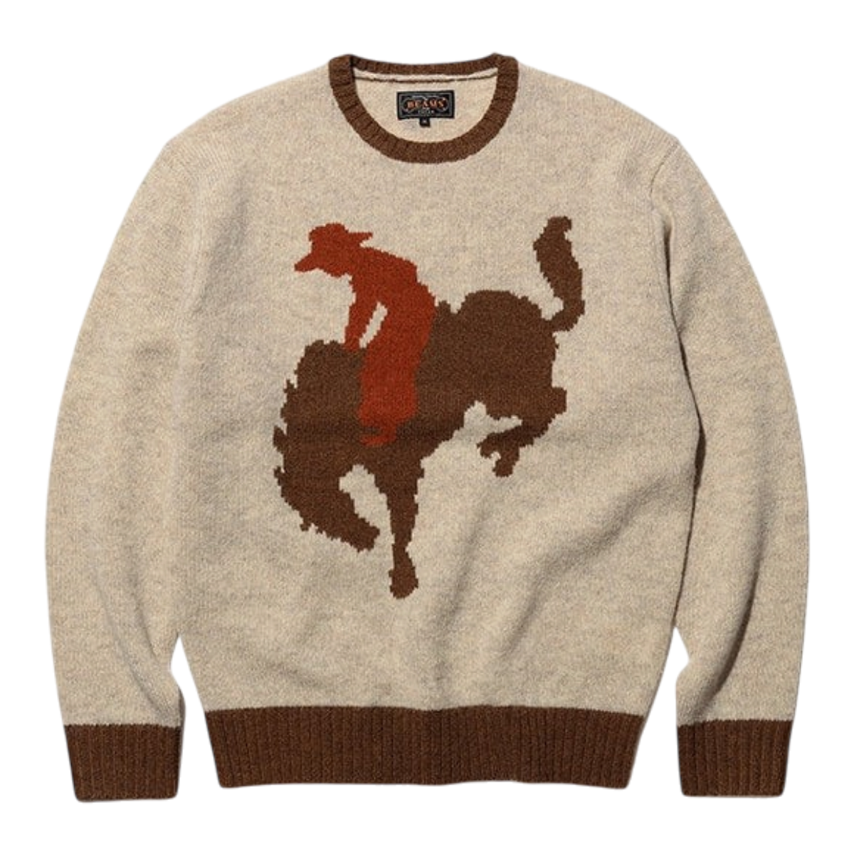 MILWORKS Beams+ beige crewneck sweater featuring a brown and red intarsia knit bucking bronco cowboy design
