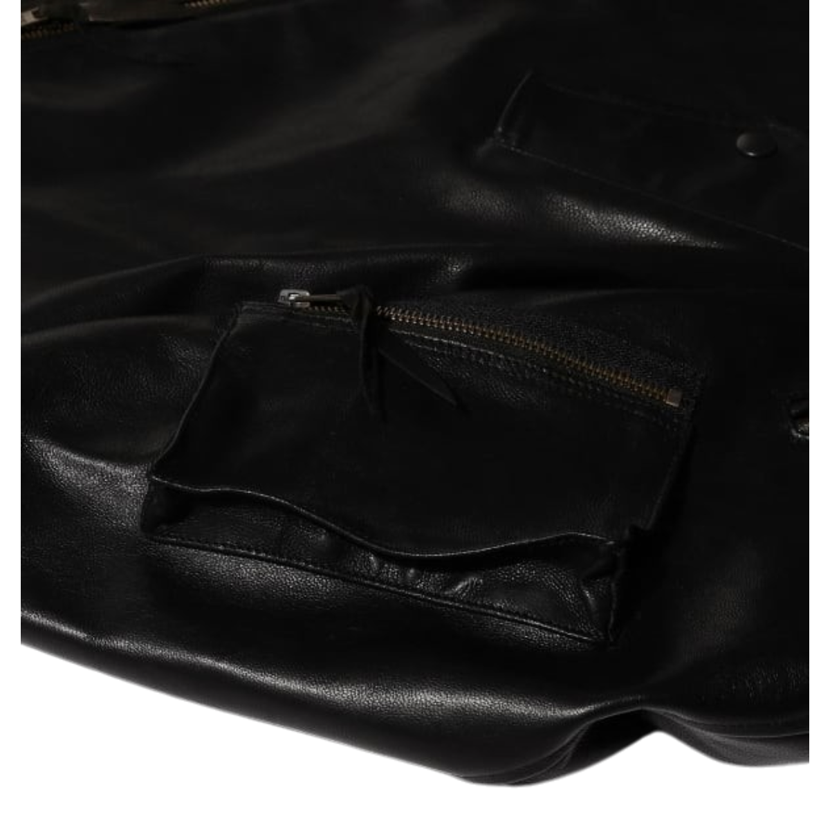 MILWORKS Beams Plus black vegetable tanned leather flight jacket featuring utility sleeve pockets and zipper detail