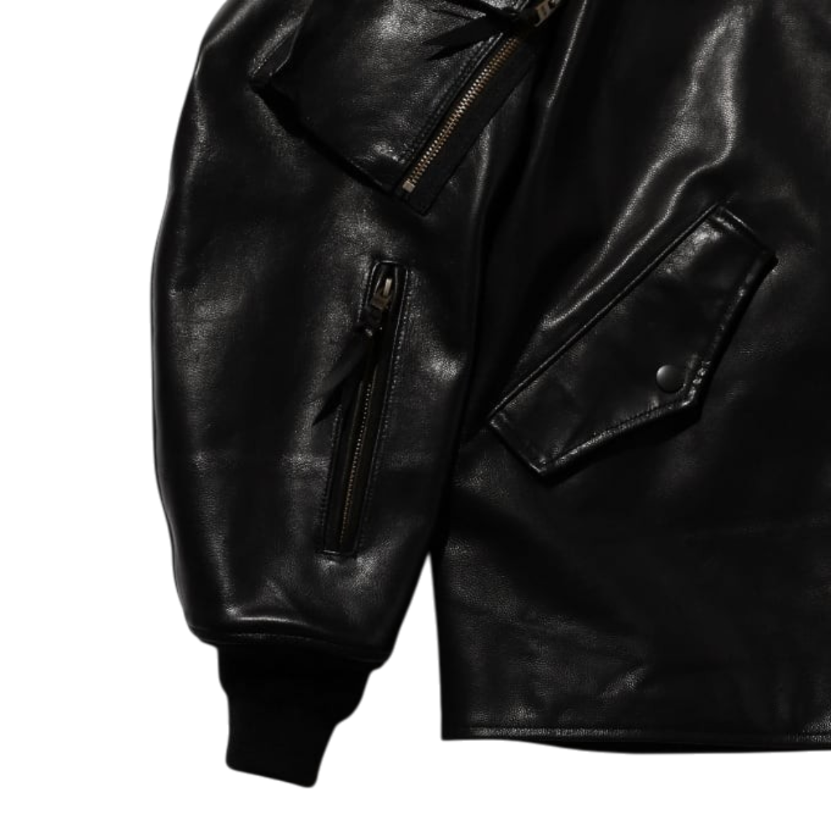 MILWORKS Beams Plus black vegetable tanned leather flight jacket featuring utility sleeve pockets and ribbed cuffs.