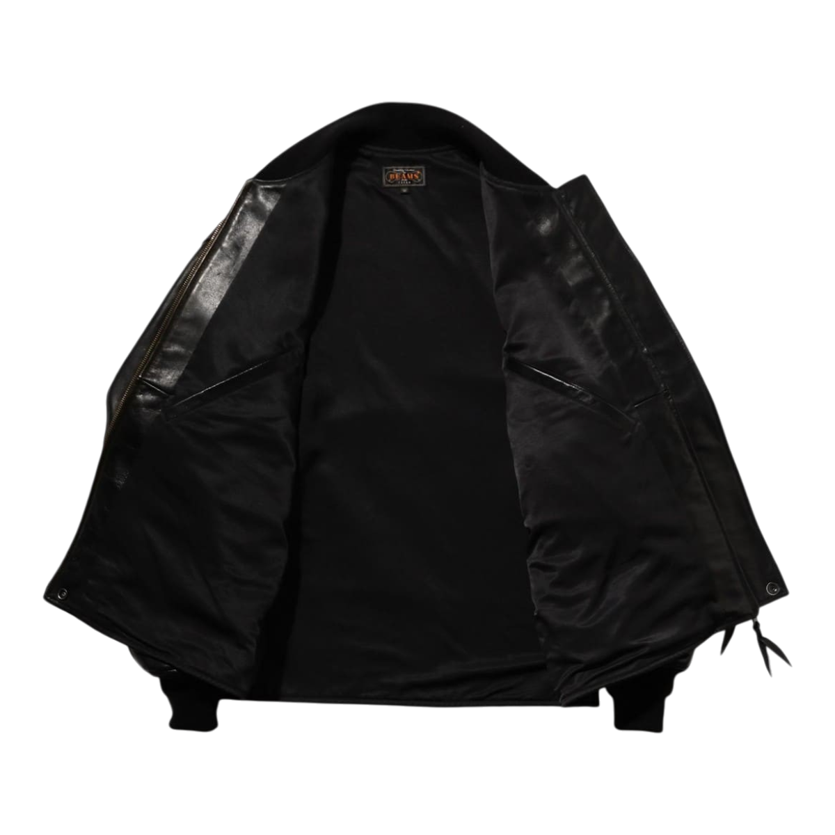 MILWORKS Beams Plus black vegetable tanned leather flight jacket with open front and interior lining detail