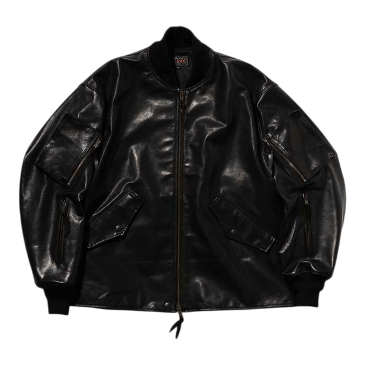 MILWORKS Beams Plus black vegetable tanned leather flight jacket with multiple utility pockets and ribbed cuffs.