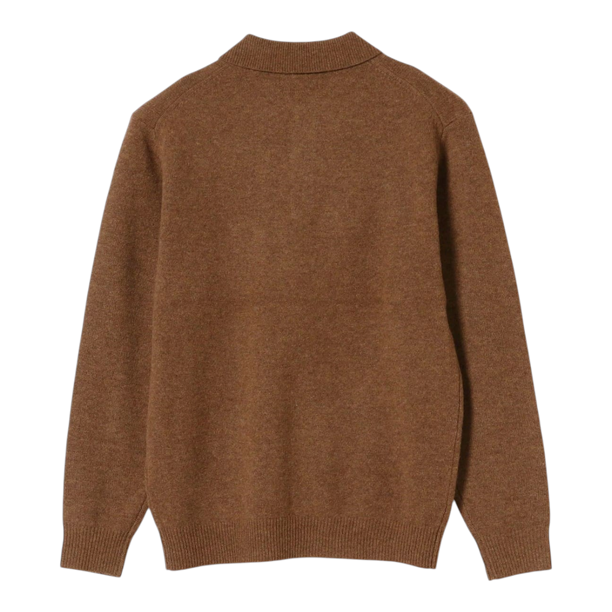Back view of a MILWORKS brown 9-gauge wool knit polo shirt with a classic collar and ribbed cuffs.
