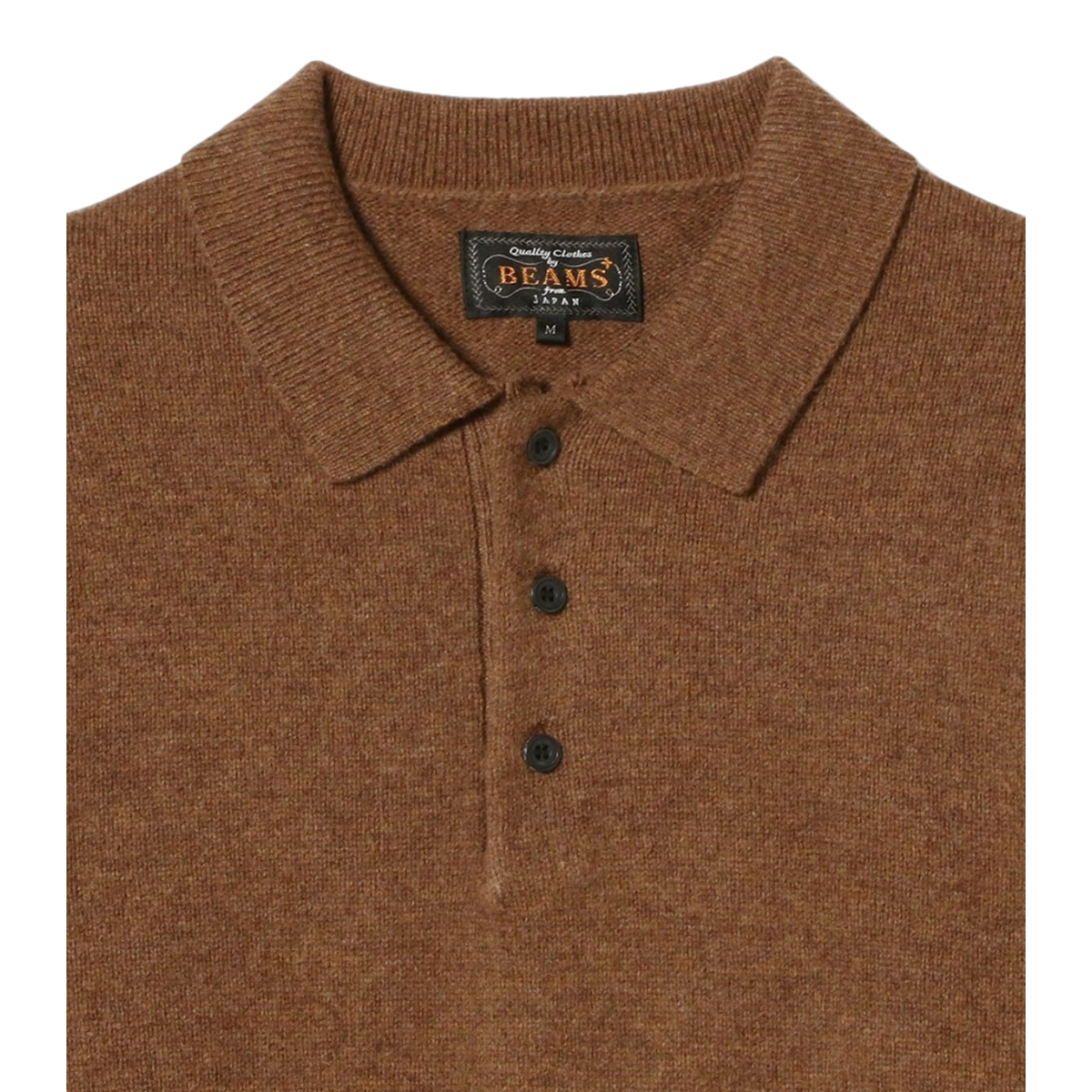 MILWORKS BEAMS PLUS brown 9-gauge wool knit polo shirt with a classic collar and three-button placket