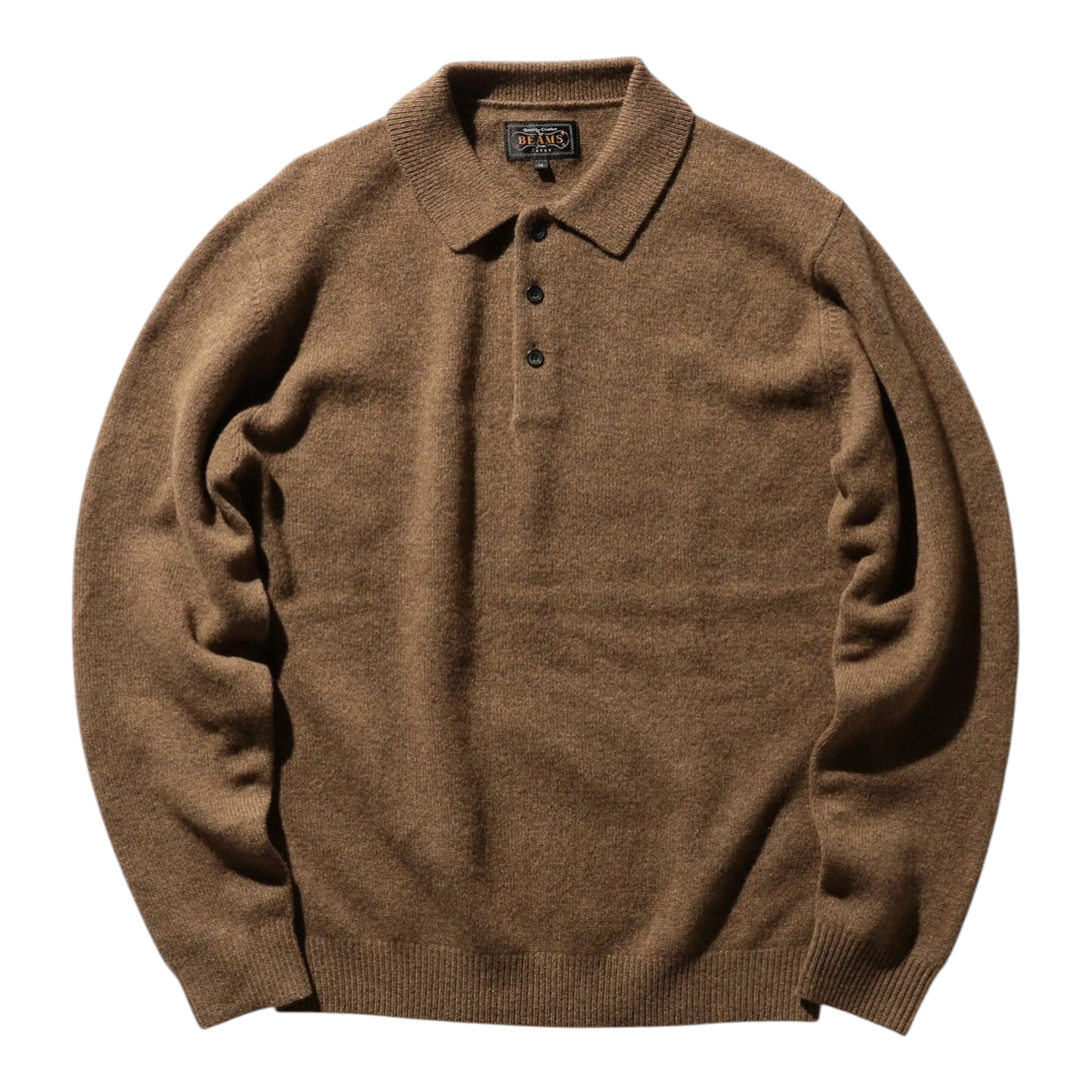 MILWORKS BEAMS PLUS brown 9-gauge wool knit polo shirt with a classic collar and three-button placket.