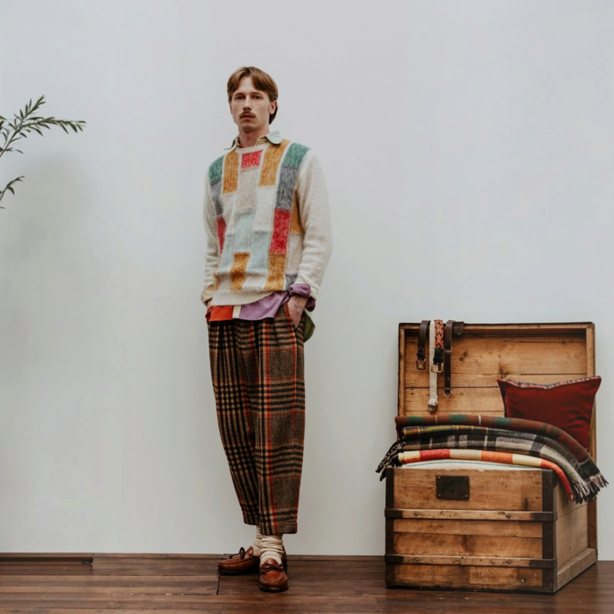 MILWORKS Beams+ crew neck sweater with a white and multi-colored block pattern worn with plaid trousers