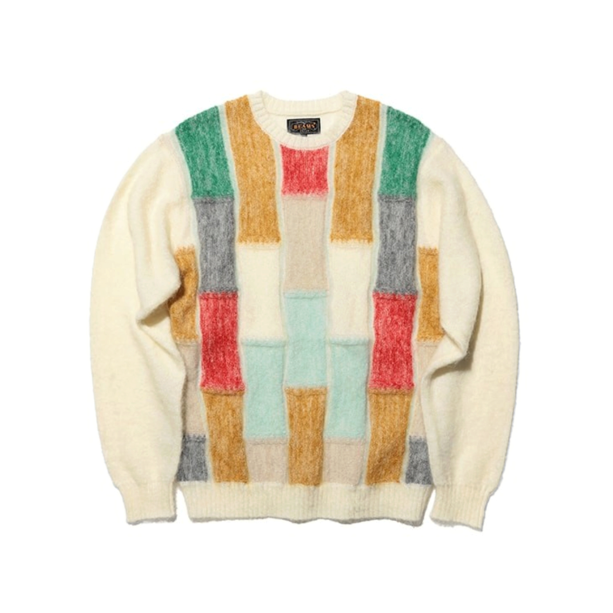 MILWORKS Beams+ crew neck sweater in white featuring a multi-colored block pattern in a soft fuzzy knit texture.