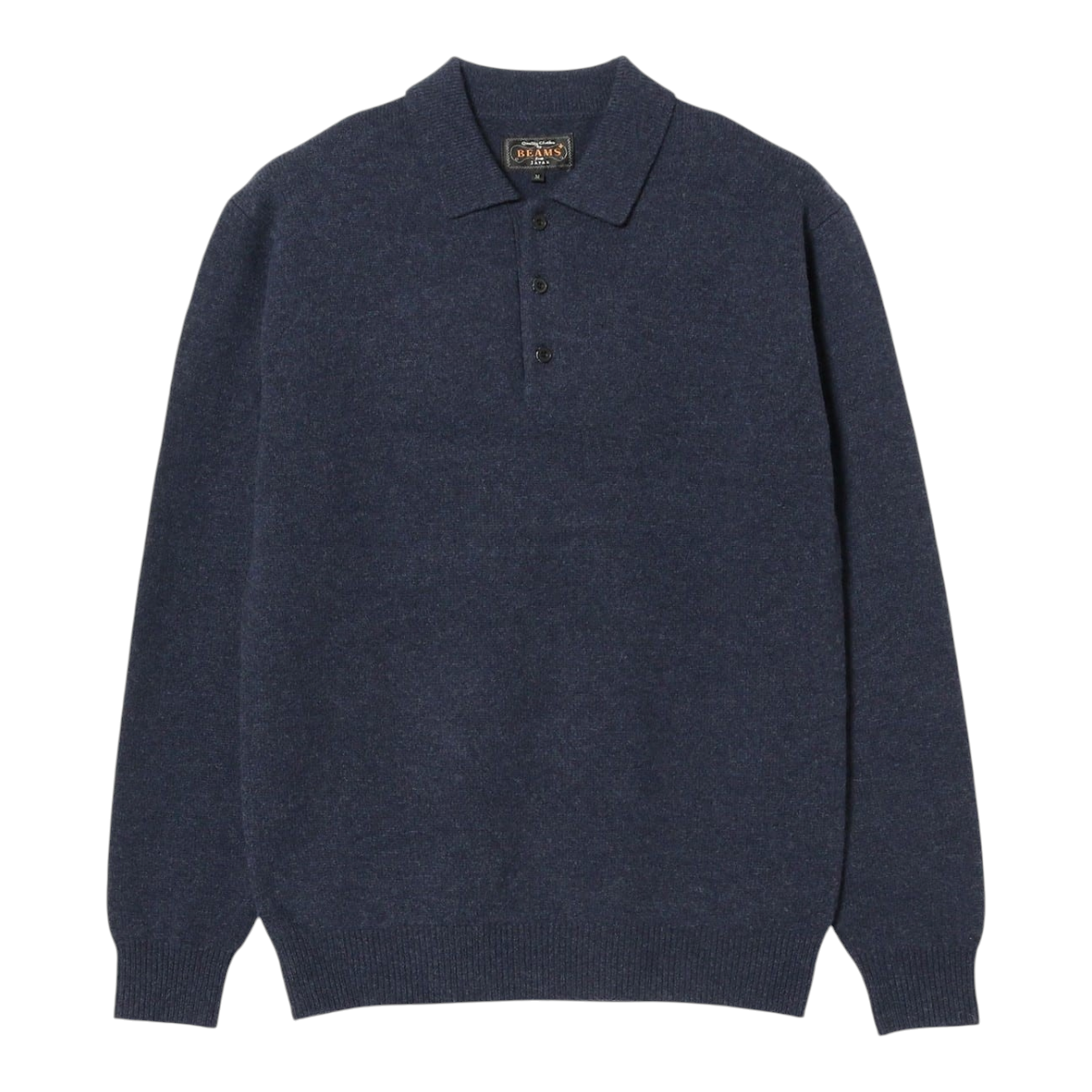 MILWORKS BEAMS PLUS navy 9-gauge wool knit polo shirt with a classic collar and three-button placket.