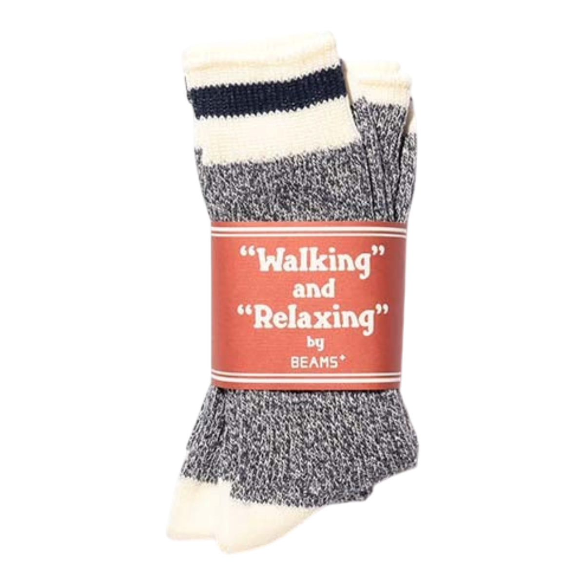 MILWORKS BEAMS PLUS navy rag socks in a 2-pack with cream cuffs and a branded paper wrap, made in Japan.