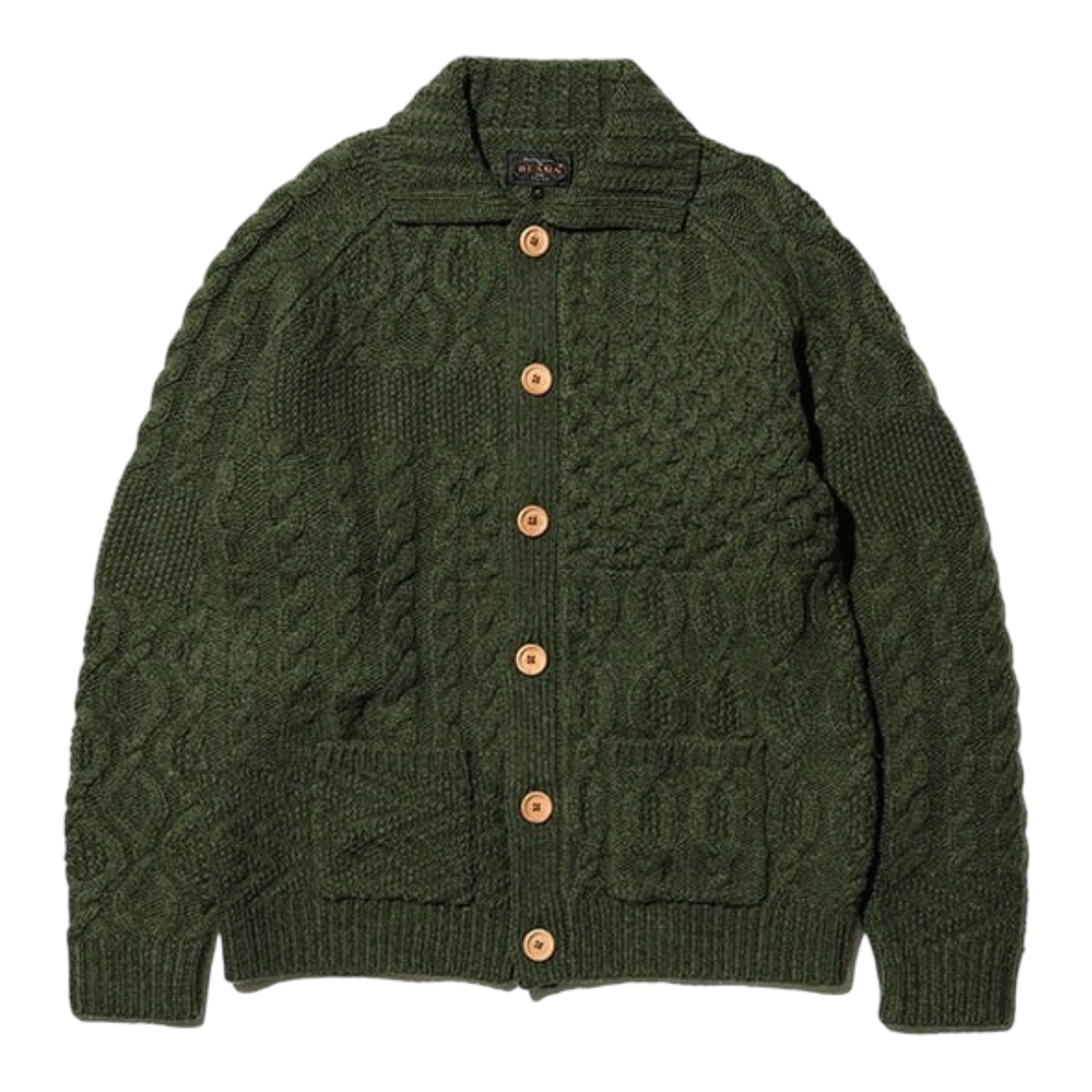 MILWORKS Beams+ olive green Aran patchwork cardigan with a collared neckline, cable knit texture, and wooden buttons.