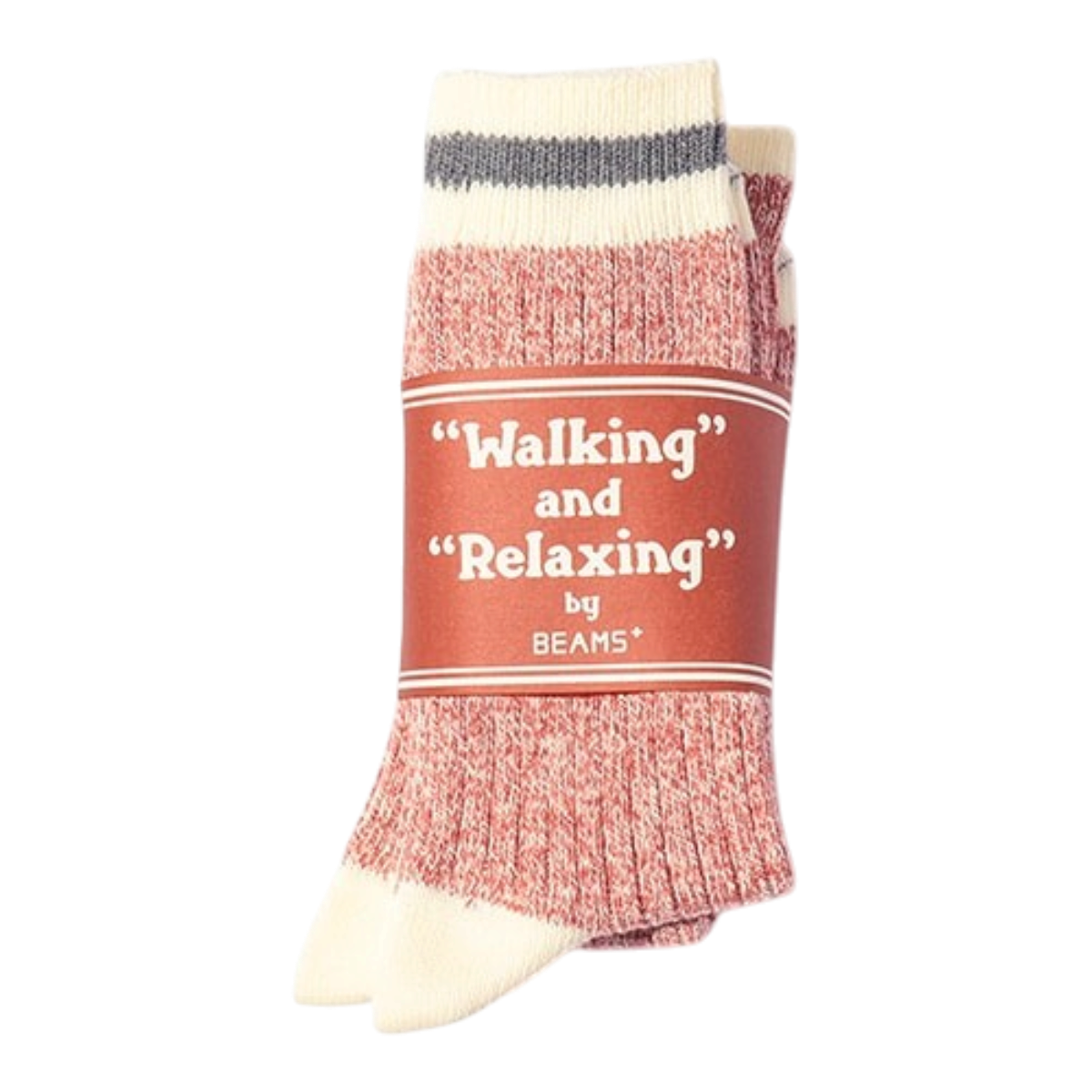 MILWORKS BEAMS PLUS red rag socks in a 2-pack with cream cuffs and grey stripes, made from recycled yarn in Japan.