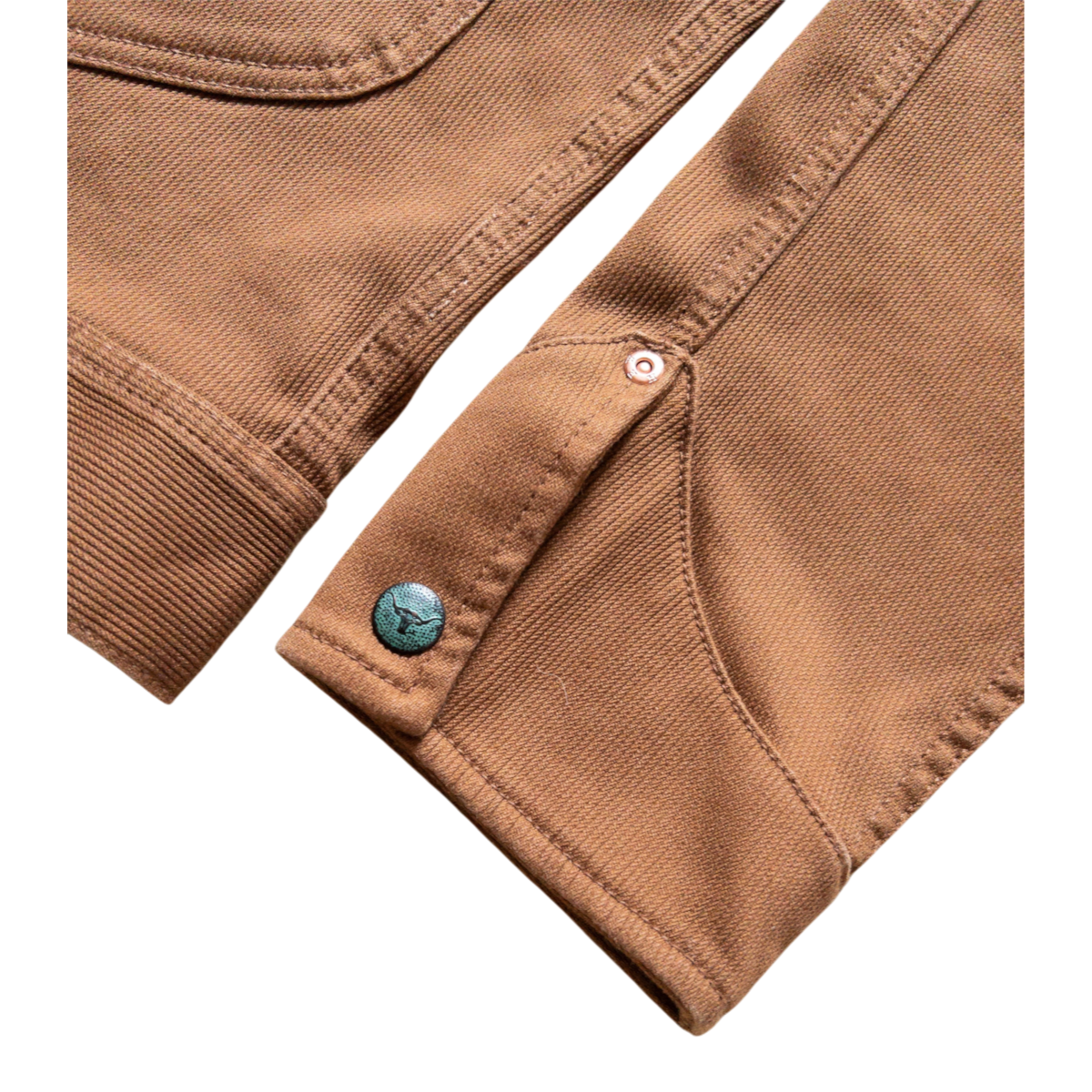 MILWORKS Bedford Cord Ranch Jacket in bay brown featuring custom aged steer head snap cuffs and raw copper rivets.