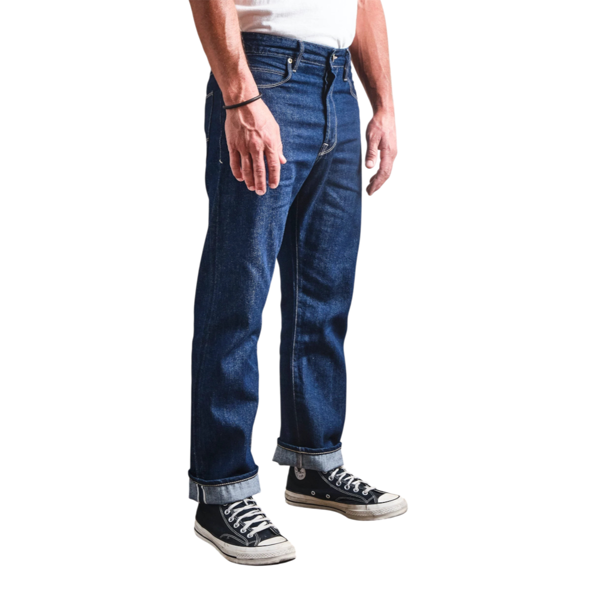 MILWORKS Belford straight fit jeans in 11oz Memphis blue rinsed selvedge denim with cuffed hems