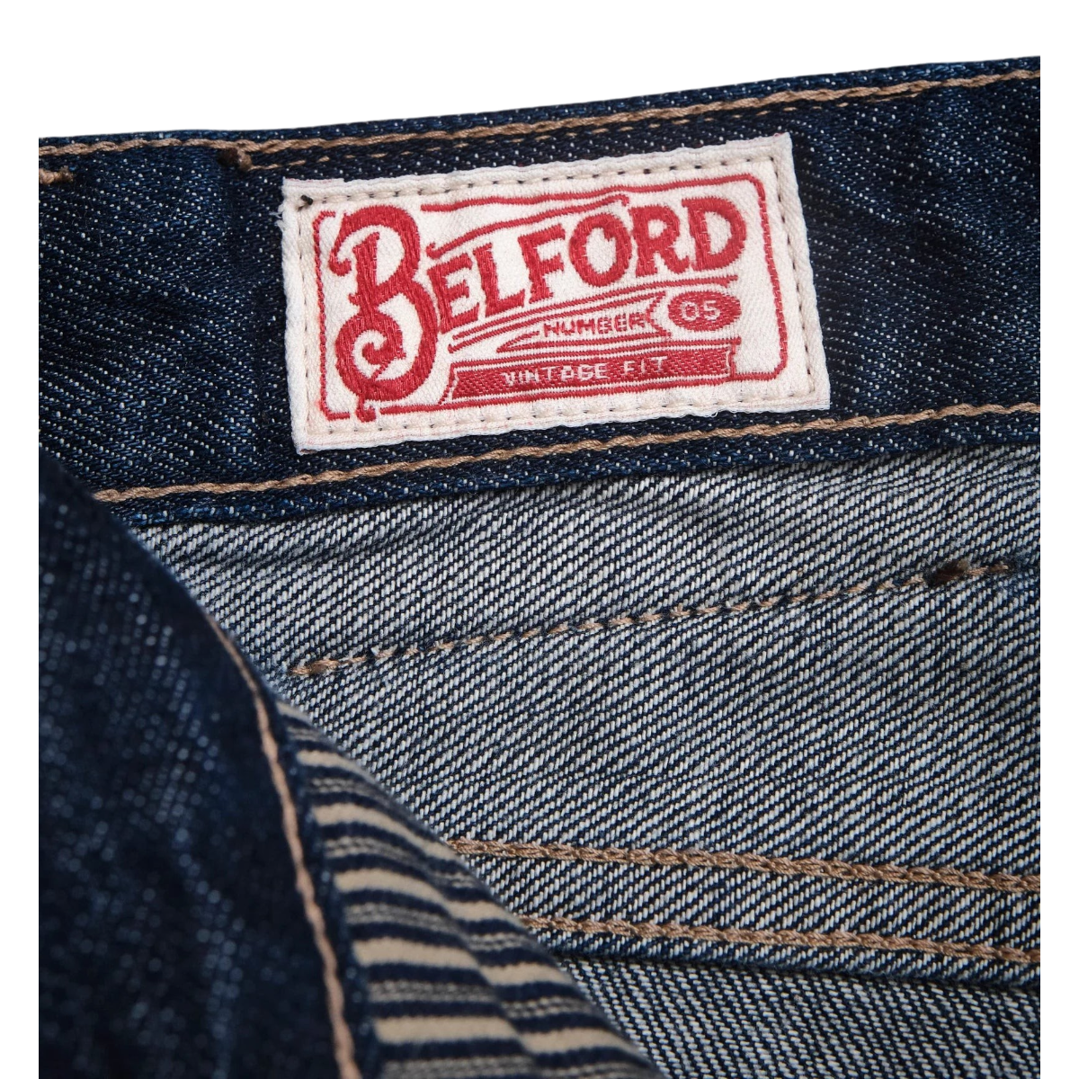 MILWORKS Belford straight fit jeans featuring a branded interior label and vintage Japanese herringbone pocket bags