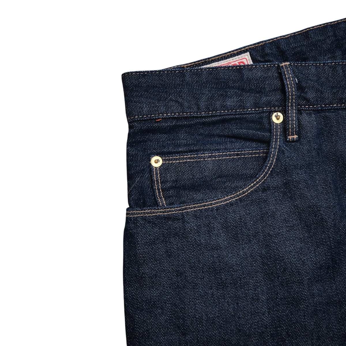 MILWORKS Belford straight fit jeans in rinsed Memphis blue selvedge denim with reinforced pocket and brass rivets