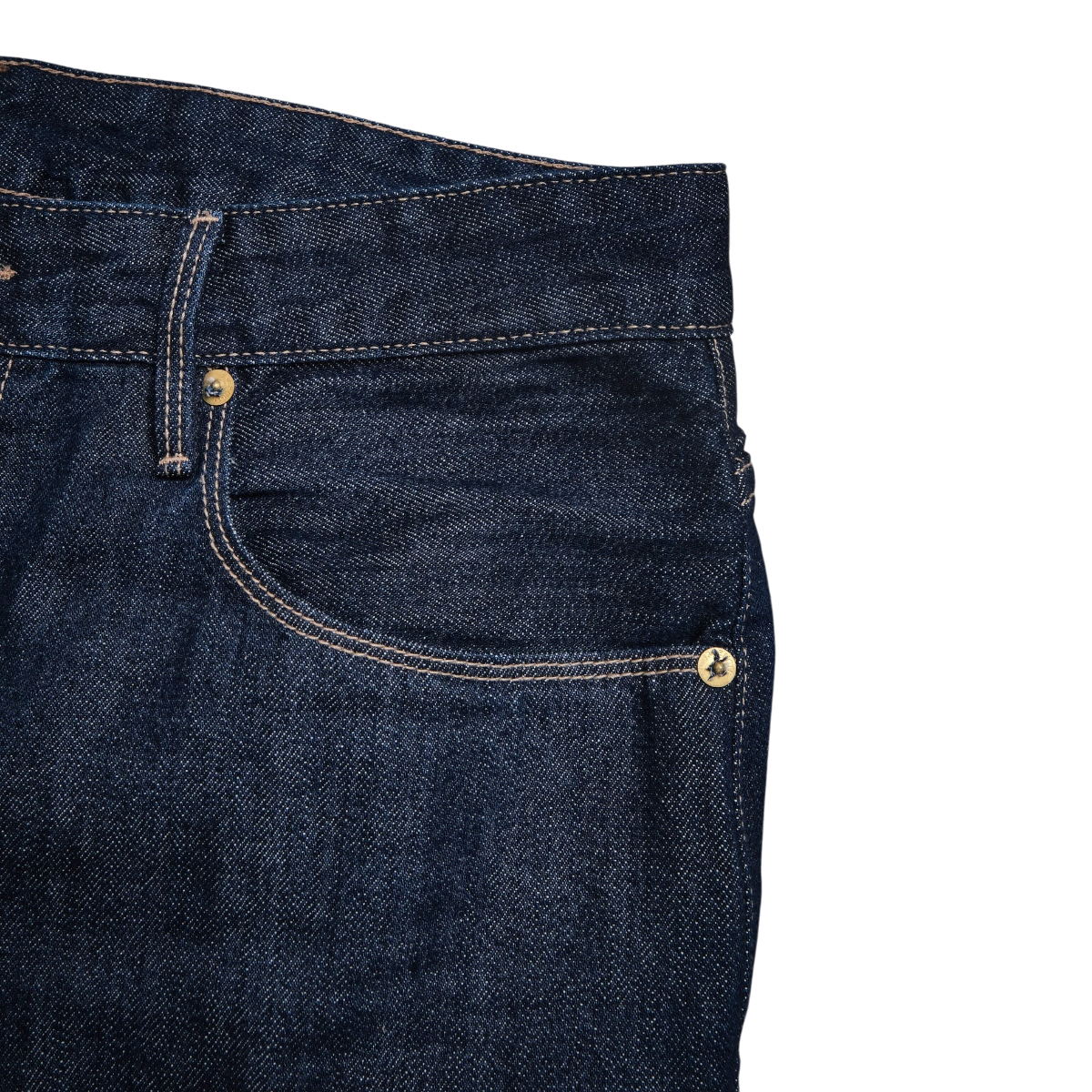 MILWORKS Belford straight fit rinsed Memphis blue selvedge denim jeans featuring reinforced pockets and custom rivets