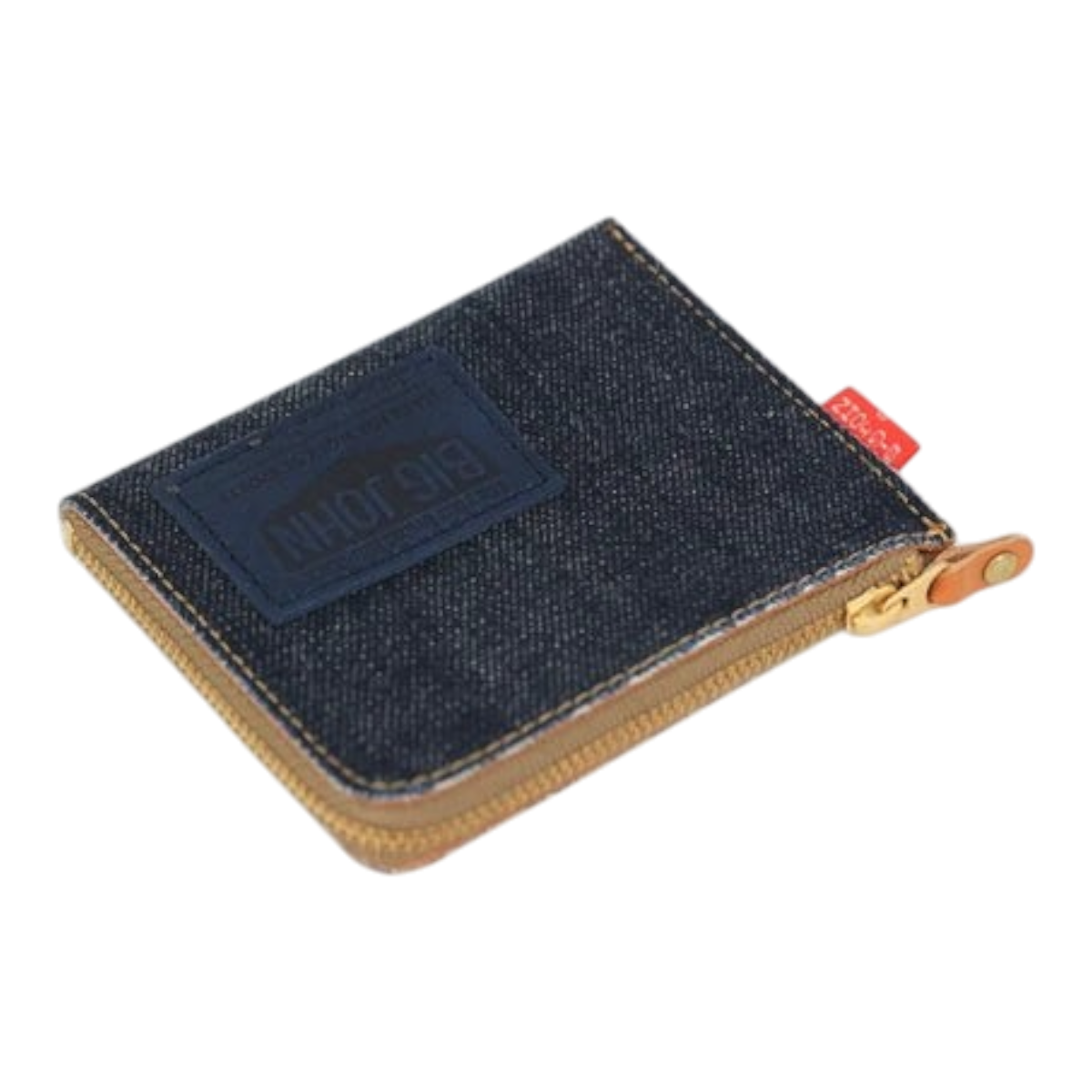 MILWORKS Big John indigo denim L-zip coin case with Italian deerskin label and brown leather interior details