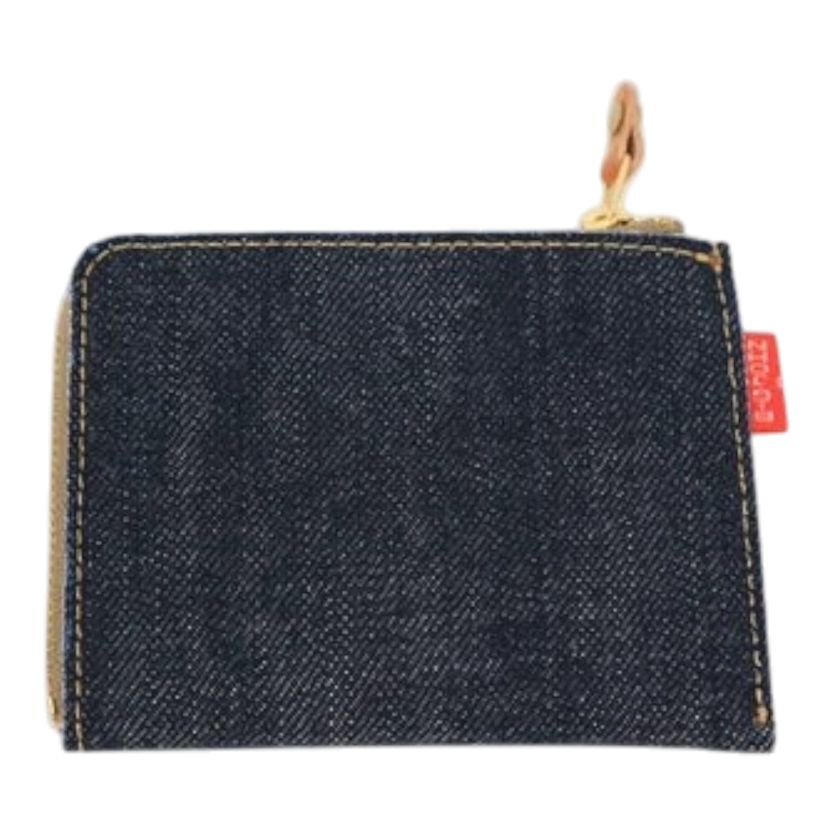 MILWORKS Big John palm-sized indigo denim L-zip coin case with Italian deerskin label and gold zipper hardware.