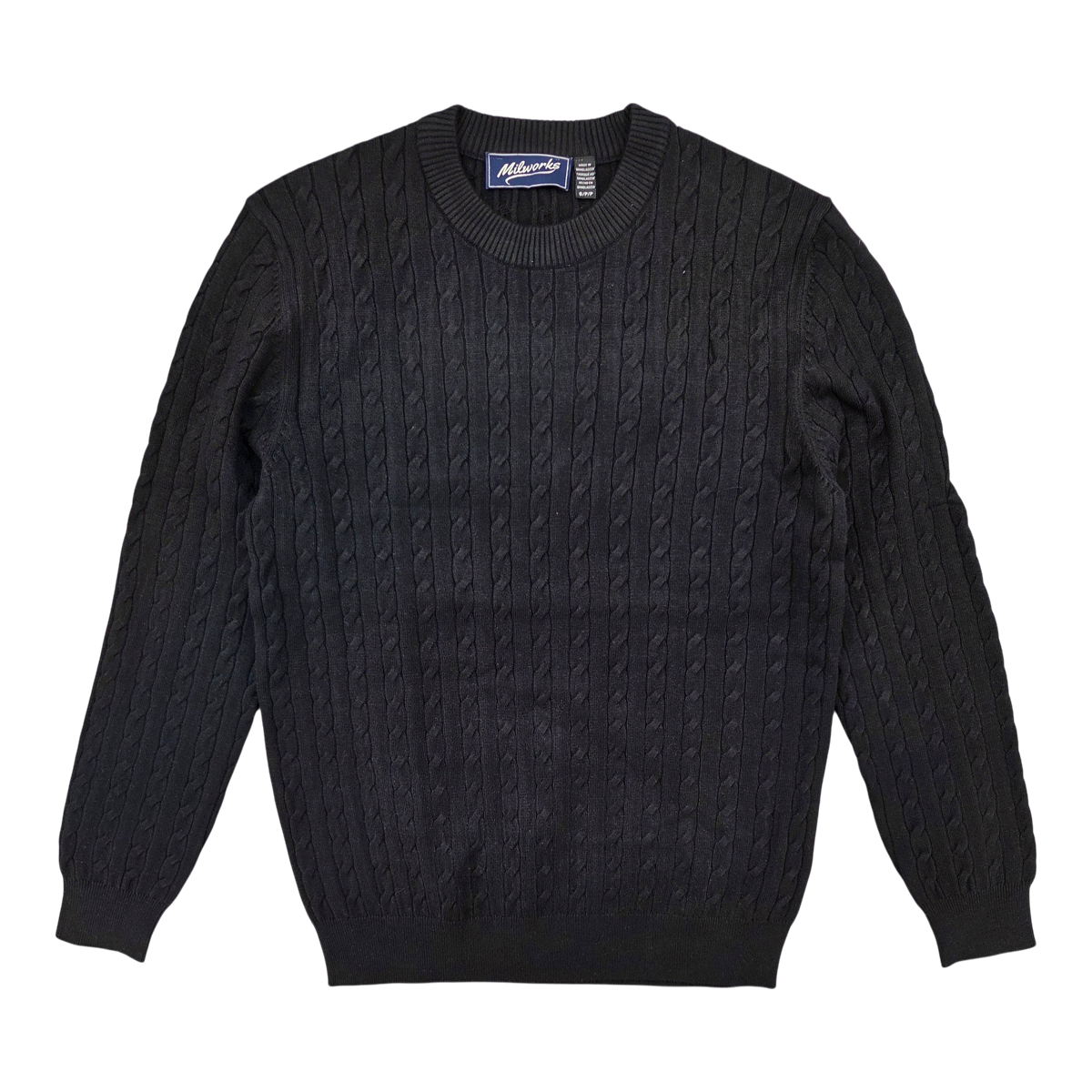 MILWORKS black cable knit crew neck sweater with long sleeves and ribbed cuffs