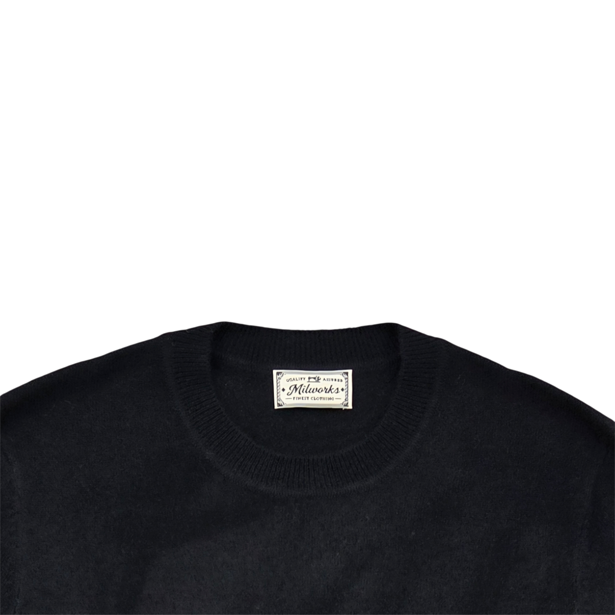 MILWORKS black 100% cashmere crew neck sweater with ribbed collar and branded interior label