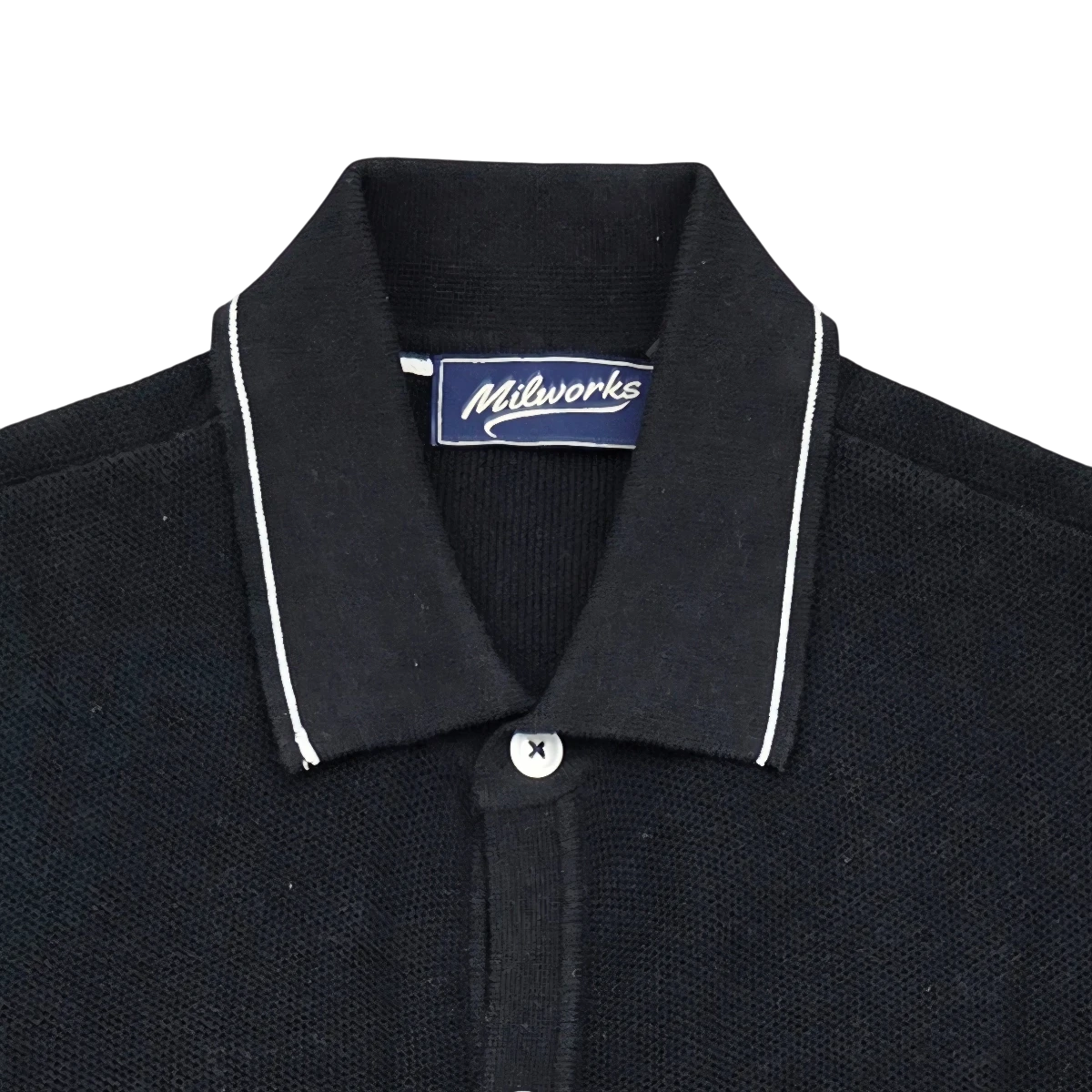 MILWORKS black short sleeve cotton knit polo shirt with white trim on collar and placket. Perfect for spring and summer.