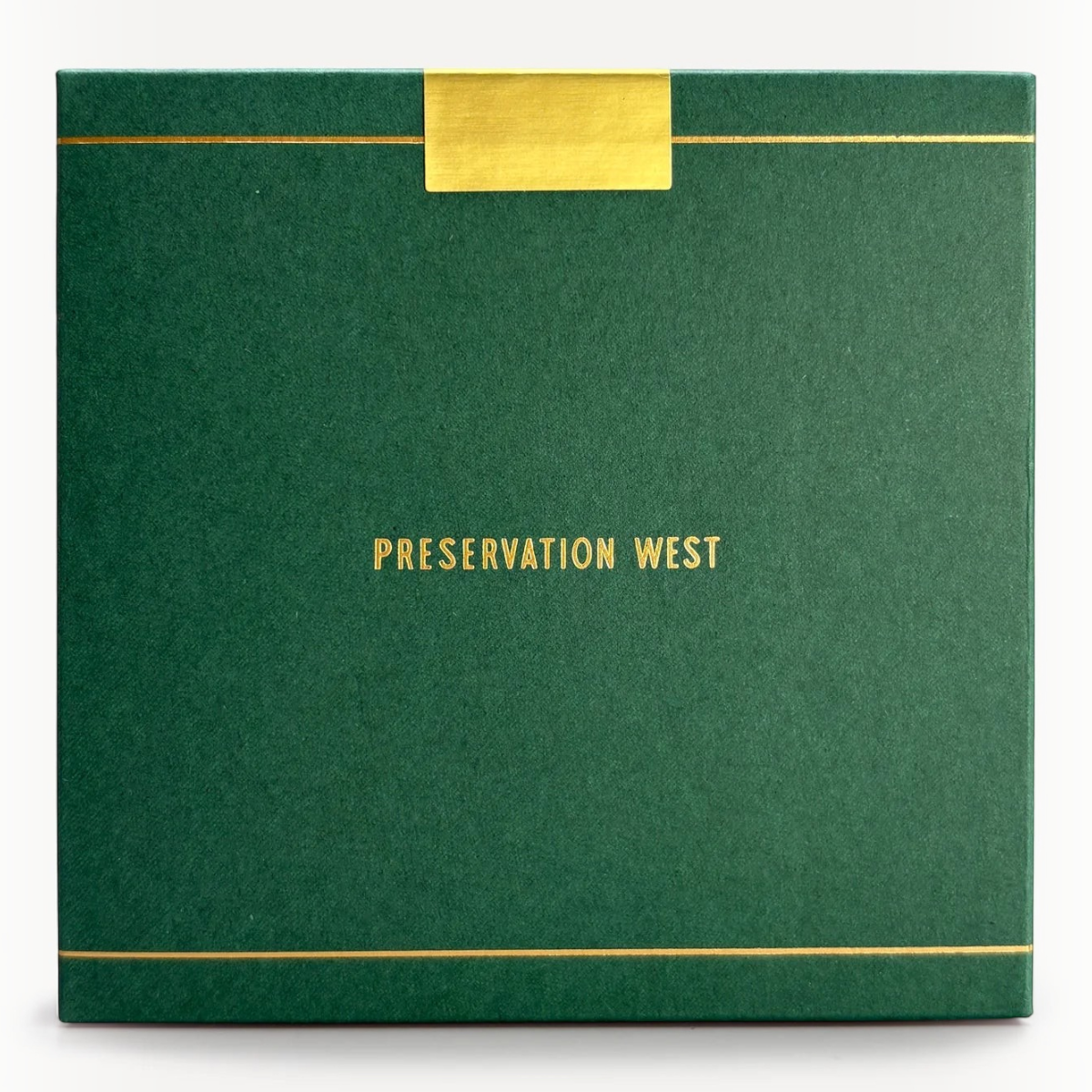 MILWORKS Black Hemlock perfume box in dark green with gold foil lettering and trim