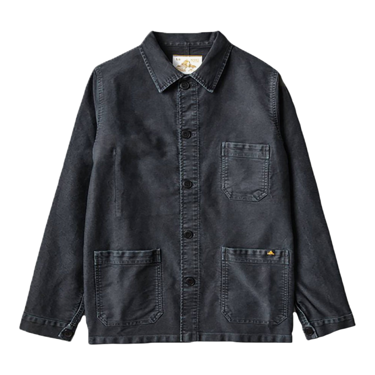 MILWORKS vintage washed black moleskin work jacket with three front pockets and button-up front closure.