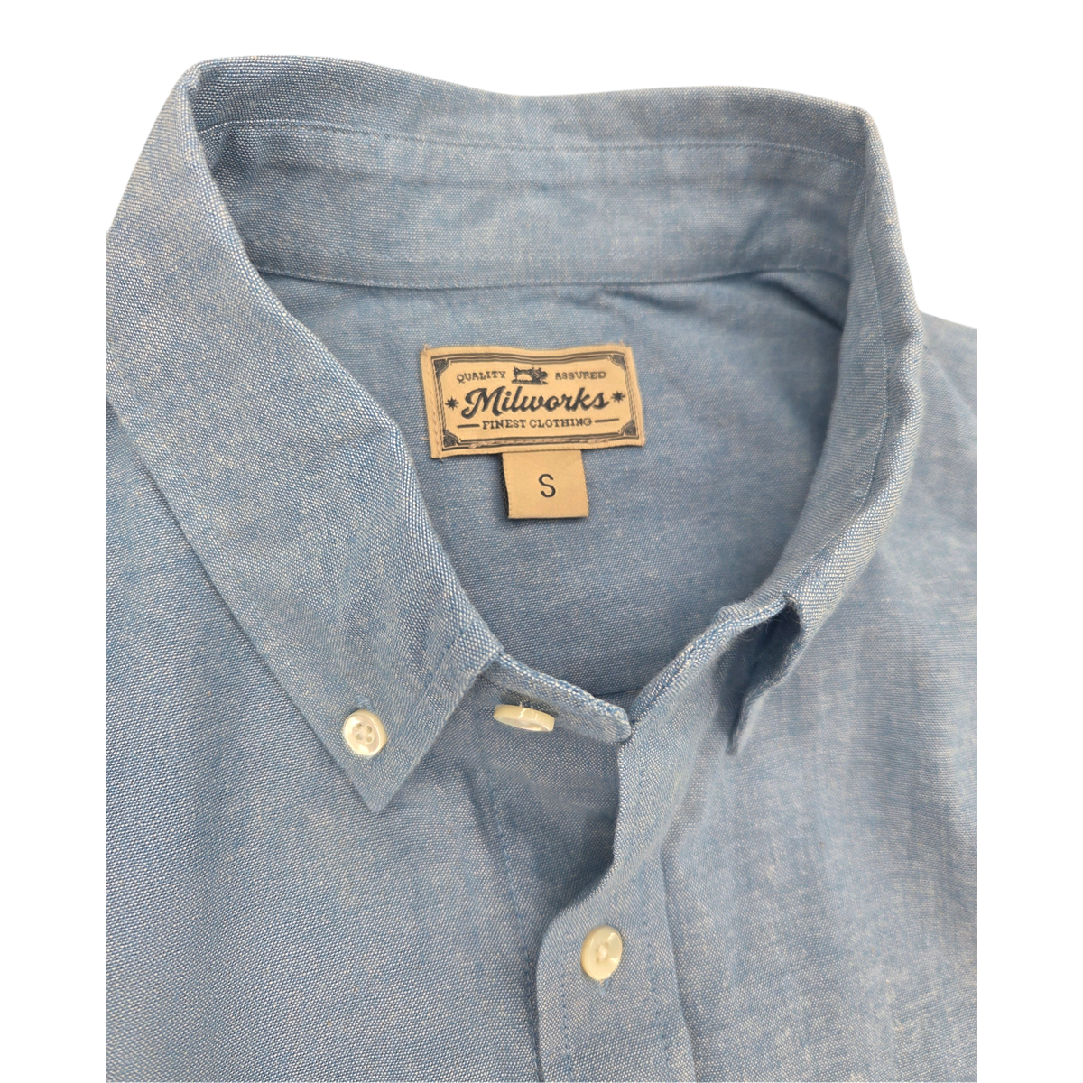 MILWORKS blue chambray oxford shirt with button-down collar and branded interior neck label