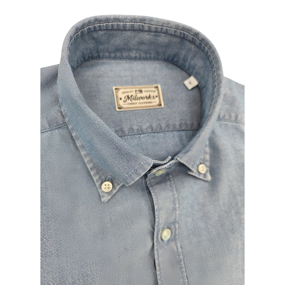 MILWORKS blue chambray oxford shirt with button-down collar and premium Italian fabric construction
