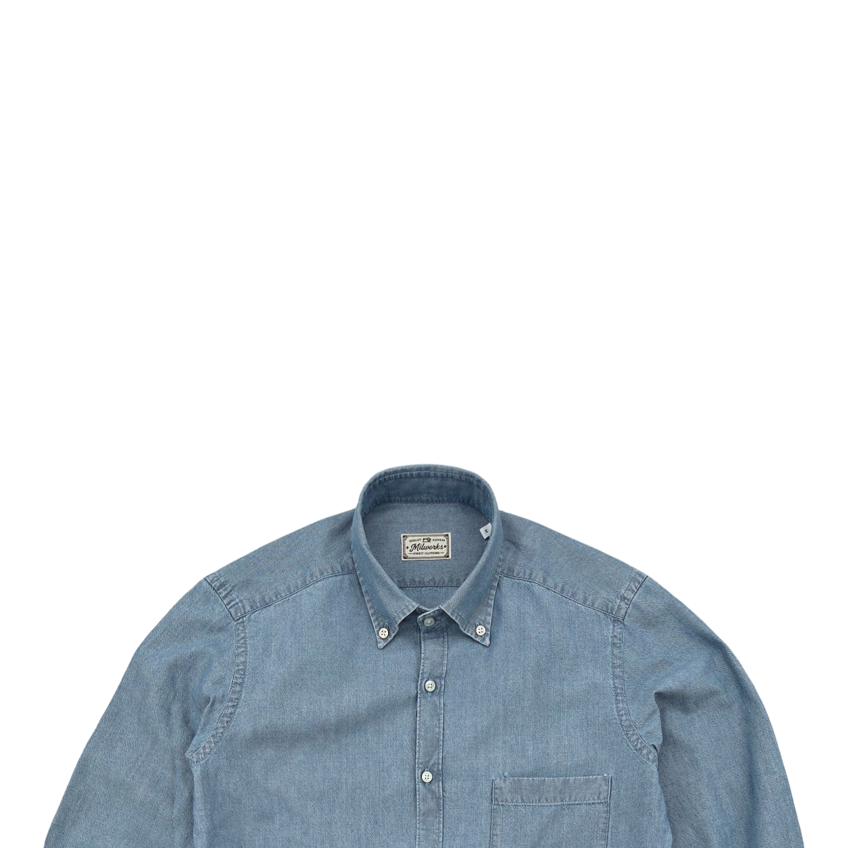 MILWORKS blue chambray oxford shirt with button-down collar and chest pocket, crafted from premium Italian fabric.
