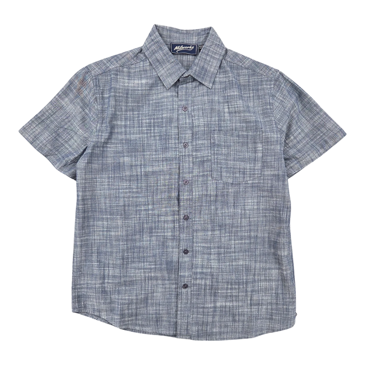MILWORKS blue short sleeve chambray shirt with a textured weave and single chest pocket. Made from breathable cotton.