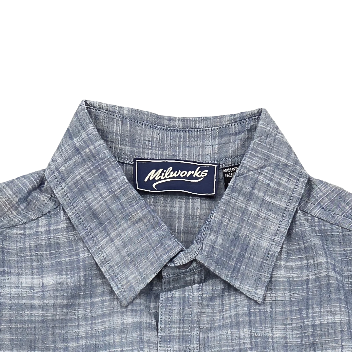 MILWORKS blue short sleeve chambray shirt with a subtle plaid pattern and a classic collar. Made from breathable cotton for comfortable, casual wear.