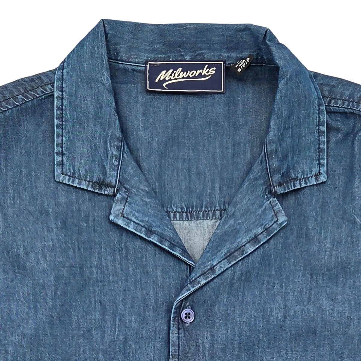 MILWORKS blue denim camp shirt, crafted from breathable cotton with a relaxed fit and a classic collar. Perfect for casual wear.