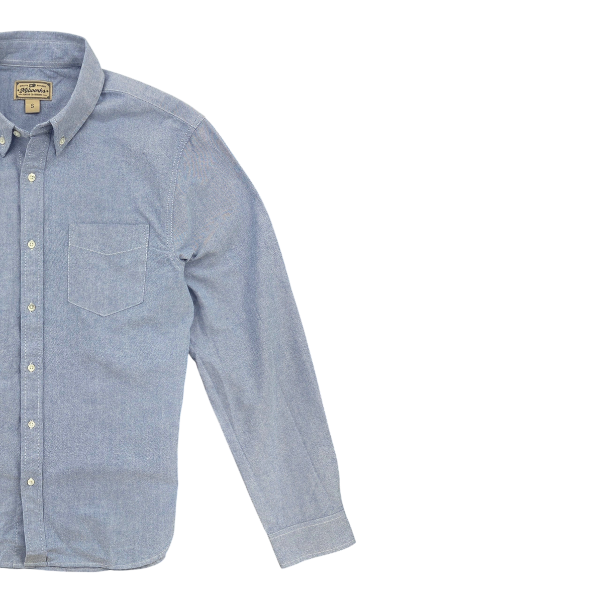 MILWORKS classic blue oxford button-up shirt with a chest pocket and long sleeves in a regular fit.