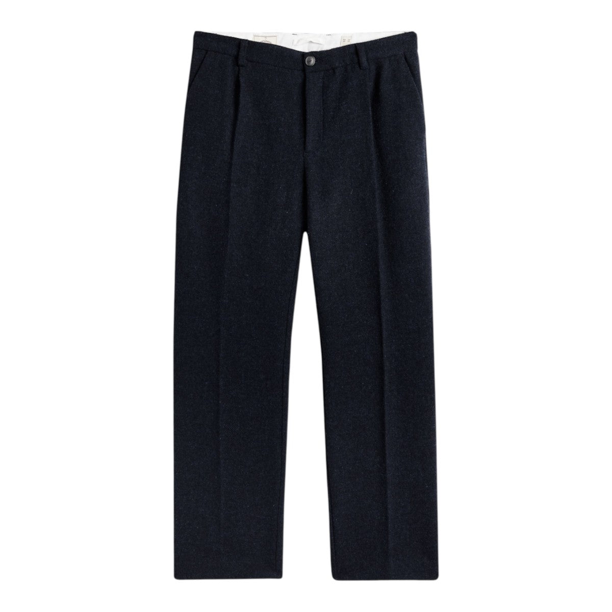 MILWORKS blue virgin wool single pleat trousers with recycled polyester buttons, shown in a flat lay view.