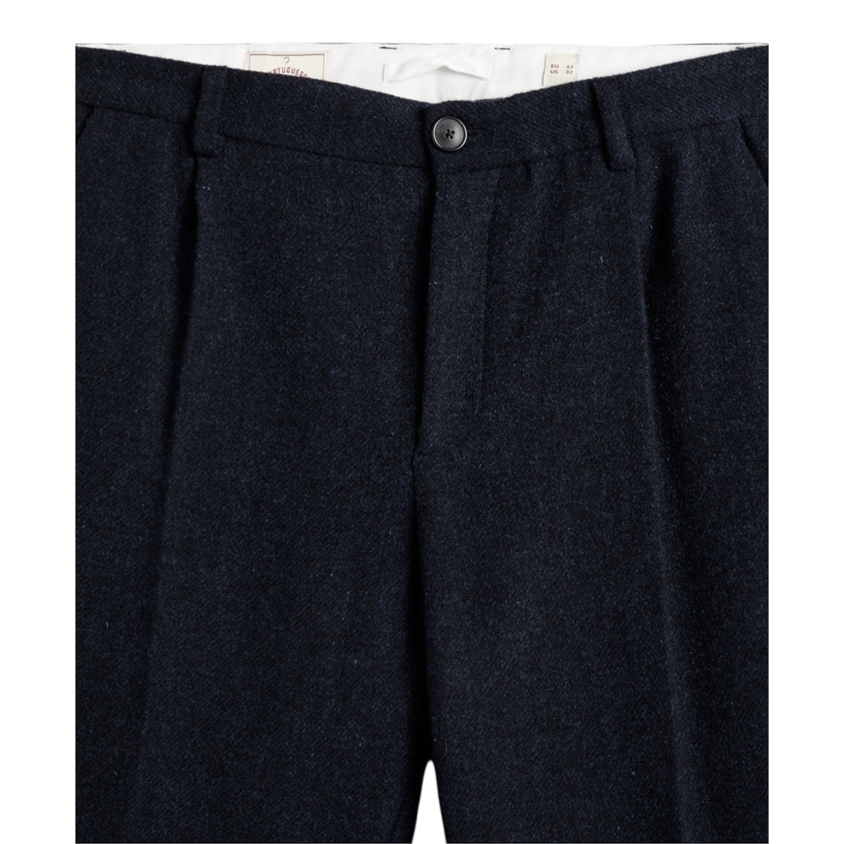 MILWORKS Portuguese Flannel blue virgin wool single pleat trousers with recycled polyester button closure